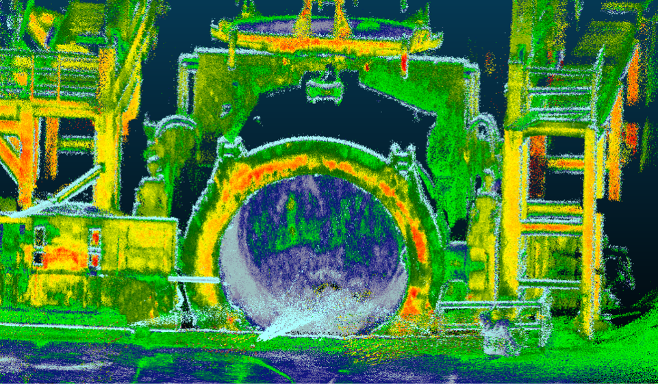 Three-dimensional industrial point cloud showing a steel ladle and its surroundings
