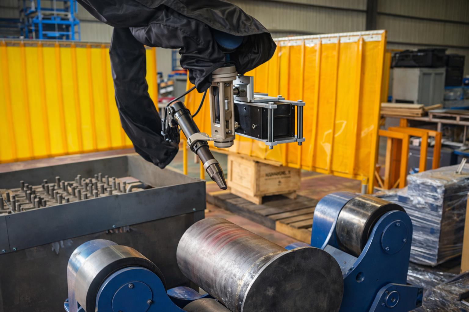 Industrial robot positioned above a cylindrical metal workpiece